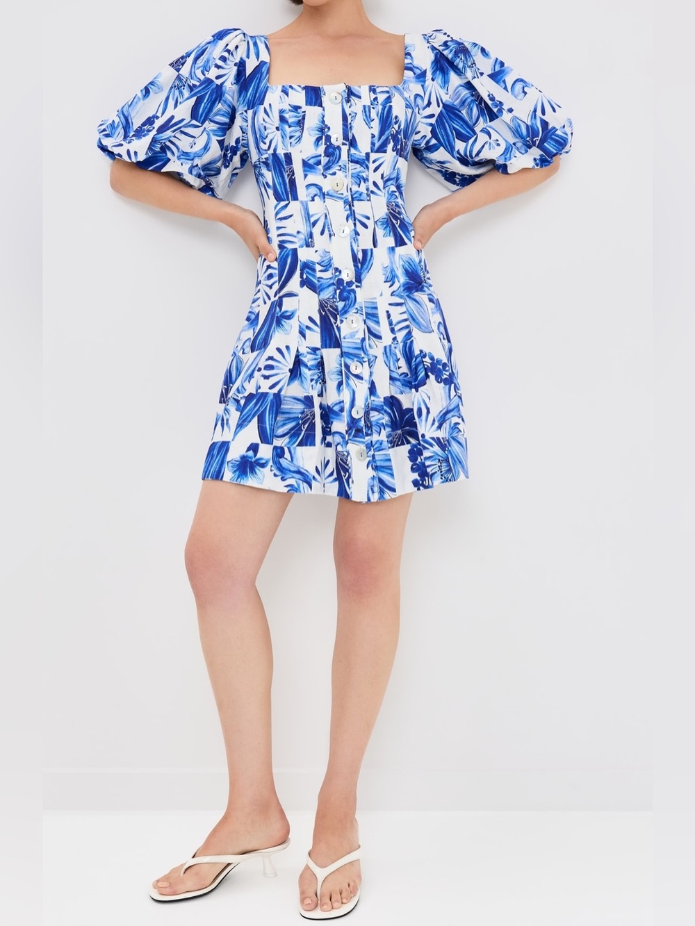 FARM Rio Off White Garden Tiles Blue and White Square-Neck Mini Dress